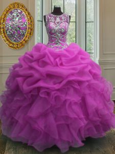 Flare Scoop Fuchsia Organza Lace Up Quinceanera Gowns Sleeveless Floor Length Beading and Ruffles and Pick Ups