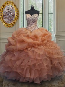 Orange Lace Up Sweetheart Beading and Ruffles and Pick Ups Quince Ball Gowns Organza Sleeveless