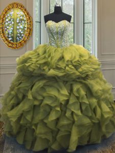Floor Length Olive Green Quince Ball Gowns Organza Sleeveless Beading and Ruffles