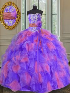 Eye-catching Sleeveless Lace Up Floor Length Beading and Appliques and Ruffles and Sashes ribbons and Hand Made Flower Quinceanera Dress