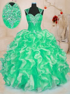 Comfortable Green Vestidos de Quinceanera Military Ball and Sweet 16 and Quinceanera and For with Beading and Ruffles Sweetheart Sleeveless Lace Up