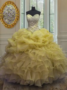 Fashion Yellow Sleeveless Floor Length Beading and Ruffles and Pick Ups Lace Up 15th Birthday Dress