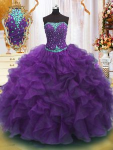 Floor Length Purple Sweet 16 Dress Organza Sleeveless Beading and Ruffles