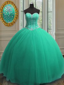 Dynamic Sleeveless Floor Length Beading and Sequins Lace Up Ball Gown Prom Dress with Turquoise