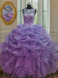 Lavender Ball Gowns Organza Scoop Sleeveless Beading and Ruffles and Pick Ups Floor Length Lace Up Quinceanera Dresses