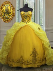 Light Yellow Lace Up Sweetheart Beading and Appliques and Pick Ups Sweet 16 Quinceanera Dress Organza Sleeveless Court Train