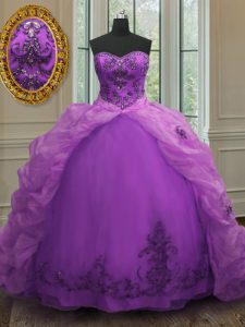 Wonderful Purple Ball Gowns Sweetheart Sleeveless Organza With Train Court Train Lace Up Beading and Appliques and Pick Ups Quinceanera Dresses