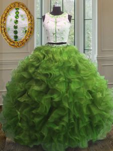 Dazzling Scoop Appliques and Ruffles Quince Ball Gowns Green Clasp Handle Sleeveless Floor Length