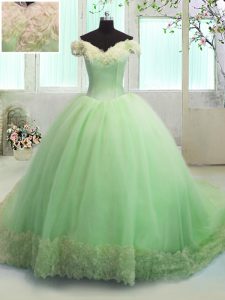 Apple Green Off The Shoulder Lace Up Hand Made Flower Quinceanera Gown Court Train Short Sleeves