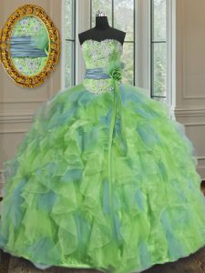 On Sale Sleeveless Beading and Appliques and Ruffles and Sashes ribbons and Hand Made Flower Lace Up Quince Ball Gowns