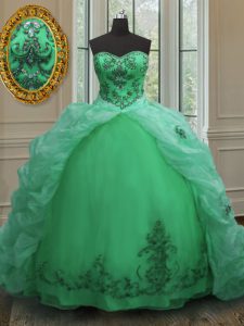 Ideal Green Sleeveless Court Train Beading and Appliques and Pick Ups With Train Quinceanera Gown
