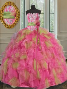 Artistic Floor Length Multi-color Sweet 16 Dress Organza Sleeveless Beading and Ruffles and Sequins