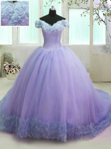 Off the Shoulder Short Sleeves With Train Lace Up 15th Birthday Dress Lavender for Military Ball and Sweet 16 and Quinceanera with Hand Made Flower Court Train