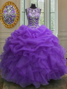 Fancy Scoop Beading and Ruffles and Pick Ups Sweet 16 Quinceanera Dress Purple Lace Up Sleeveless Floor Length