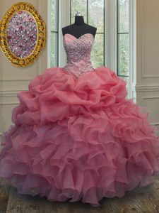 Beading and Ruffles and Pick Ups Quince Ball Gowns Pink Lace Up Sleeveless Floor Length