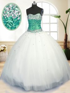 Colorful Ball Gowns Quinceanera Gowns White Sweetheart Tulle Sleeveless Floor Length Lace Up