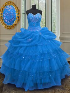 Noble Pick Ups Ruffled Sweetheart Sleeveless Lace Up Sweet 16 Quinceanera Dress Blue Organza