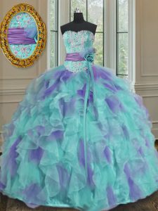 Excellent Multi-color Organza Lace Up Sweetheart Sleeveless Floor Length Quinceanera Gowns Beading and Appliques and Ruffles and Sashes ribbons and Hand Made Flower