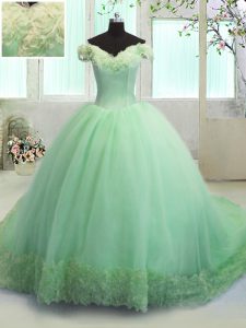 Super Ball Gowns Organza Off The Shoulder Short Sleeves Hand Made Flower With Train Lace Up Sweet 16 Dress Court Train