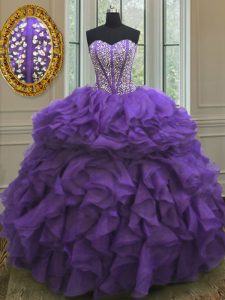 Sexy Eggplant Purple Sleeveless Organza Lace Up 15 Quinceanera Dress for Military Ball and Sweet 16 and Quinceanera