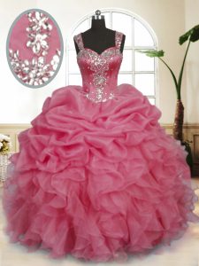 Pink Organza Zipper Quinceanera Dresses Sleeveless Floor Length Beading and Ruffles and Pick Ups