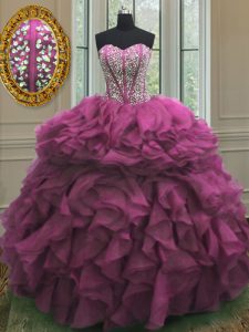 Luxurious Floor Length Fuchsia Sweet 16 Dresses Organza Sleeveless Beading and Ruffles
