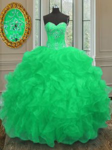 Enchanting Green Ball Gowns Sweetheart Sleeveless Organza Floor Length Lace Up Beading and Embroidery and Ruffles Quinceanera Dress