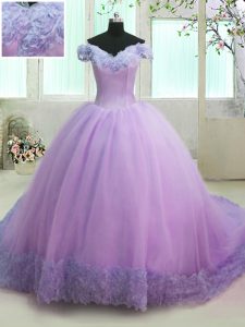 Dazzling Off the Shoulder Lilac Short Sleeves Court Train Hand Made Flower With Train Vestidos de Quinceanera