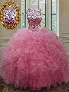 Floor Length Rose Pink 15th Birthday Dress Scoop Sleeveless Lace Up