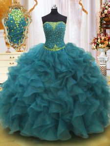 Sophisticated Teal Strapless Neckline Beading and Ruffles 15 Quinceanera Dress Sleeveless Lace Up
