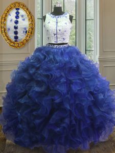 Vintage Royal Blue Clasp Handle Scoop Appliques and Ruffles Quinceanera Gown Organza Sleeveless