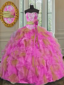 Fabulous Organza Sweetheart Sleeveless Lace Up Beading and Ruffles and Sashes ribbons Quinceanera Dresses in Multi-color