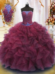 Trendy Burgundy Ball Gowns Organza Strapless Sleeveless Beading and Ruffles Floor Length Lace Up Sweet 16 Dresses