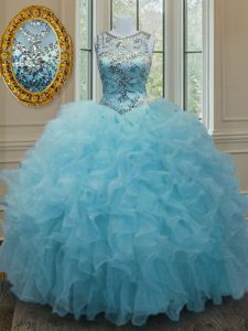 Scoop Sleeveless Lace Up Quince Ball Gowns Aqua Blue Organza