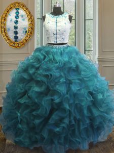 Organza Scoop Sleeveless Clasp Handle Beading and Ruffles Sweet 16 Quinceanera Dress in Teal