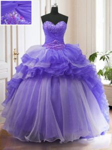 Purple Ball Gowns Organza Sweetheart Sleeveless Beading and Ruffled Layers With Train Lace Up Quince Ball Gowns Sweep Train
