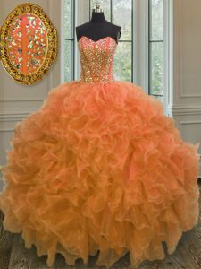 Edgy Organza Sweetheart Sleeveless Lace Up Beading and Ruffles Sweet 16 Quinceanera Dress in Orange