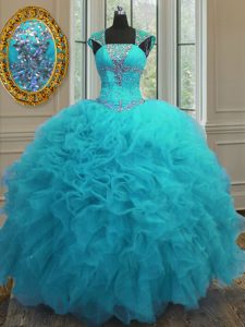 Straps Cap Sleeves Floor Length Lace Up Quinceanera Gown Aqua Blue for Military Ball and Sweet 16 and Quinceanera with Beading and Ruffles and Sequins