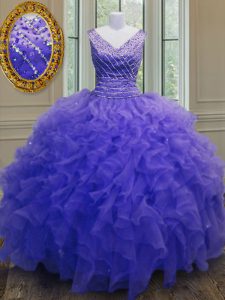 Sleeveless Floor Length Beading and Ruffles Zipper Ball Gown Prom Dress with Purple