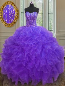 Purple Ball Gowns Sweetheart Sleeveless Organza Floor Length Lace Up Beading and Ruffles Sweet 16 Dress