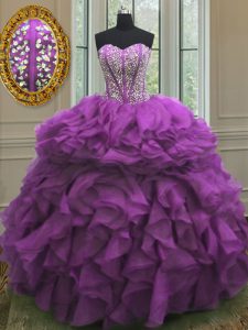 Organza Sweetheart Sleeveless Lace Up Beading and Ruffles Quince Ball Gowns in Purple