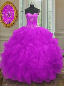 Popular Beading and Embroidery and Ruffles Quinceanera Gowns Purple Lace Up Sleeveless Floor Length