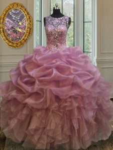High Class Scoop Floor Length Lilac 15th Birthday Dress Organza Sleeveless Beading and Ruffles and Pick Ups