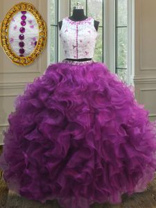 Classical Scoop Fuchsia Clasp Handle 15th Birthday Dress Appliques and Ruffles Sleeveless Floor Length