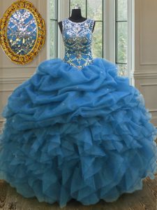 Scoop Beading and Ruffles and Pick Ups Quinceanera Gown Blue Lace Up Sleeveless Floor Length