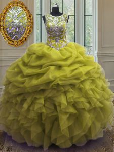 Scoop Pick Ups Yellow Green Sleeveless Organza Lace Up Sweet 16 Dress for Military Ball and Sweet 16 and Quinceanera