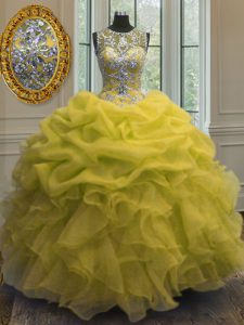 Decent Scoop Yellow Ball Gowns Beading and Ruffles and Pick Ups Quince Ball Gowns Lace Up Organza Sleeveless Floor Length