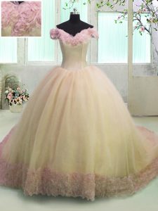 Best Off the Shoulder With Train Yellow Sweet 16 Dress Organza Court Train Short Sleeves Hand Made Flower