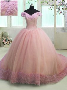 Extravagant Pink Quince Ball Gowns Military Ball and Sweet 16 and Quinceanera and For with Hand Made Flower Off The Shoulder Short Sleeves Court Train Lace Up