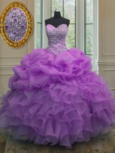 Organza Sweetheart Sleeveless Lace Up Beading and Ruffles and Pick Ups Quinceanera Dress in Lavender